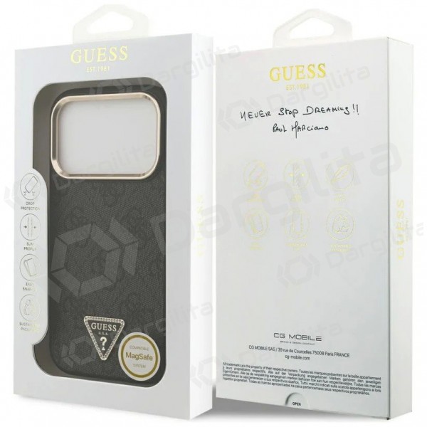 Apple iPhone 17 Pro Max dėklas "Guess PU Leather 4G Strass Triangle Logo Gold Frame MagSafe" (juodas)