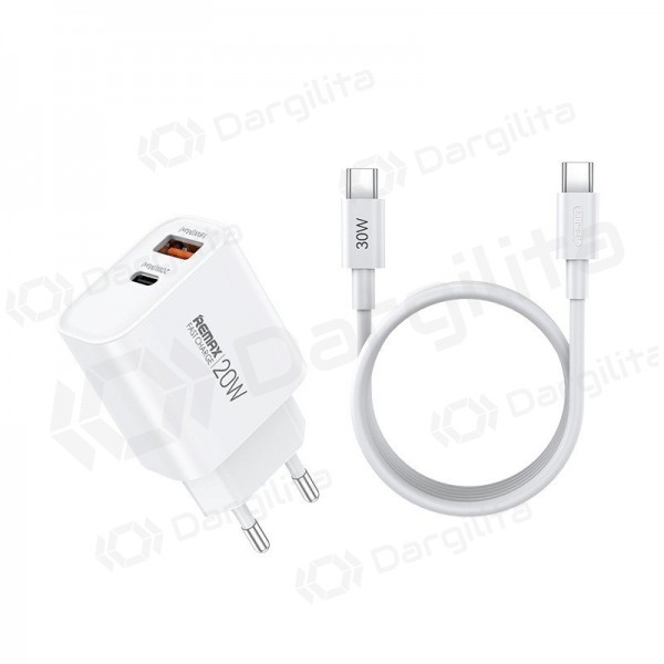 Telefono įkroviklis Remax RP-U120 20 W USB-C + USB-A su USB-C laidu 1 m baltas