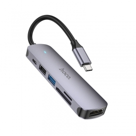USB-C adapteris Hoco HB28 USB-C į HDMI + USB 3.0 + USB 2.0 + SD + TF + PD pilkas