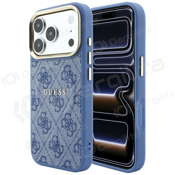 Apple iPhone 18 Pro dėklas "Guess PU Leather 4G Gold Frame Embossed MagSafe" (mėlynas)