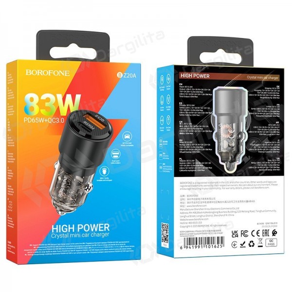 Automobilinis telefono įkroviklis Borofone BZ20A 83 W PD QC 3.0 USB-C + USB-A juodas