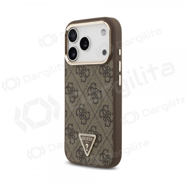 Apple iPhone 18 Pro Max dėklas "Guess PU Leather 4G Strass Triangle Logo Gold Frame MagSafe" (rudas)