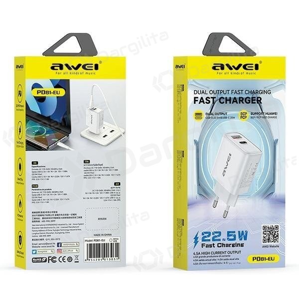Telefono įkroviklis Awei PD81-EU 25 W USB-C + USB-A PD QC PPS juodas