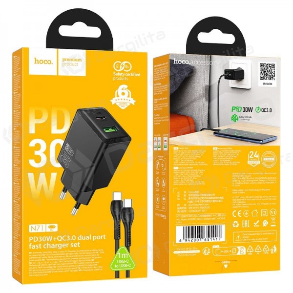 Telefono įkroviklis Hoco N71 30 W GaN USB-C + USB-A su USB-C laidu 1 m juodas