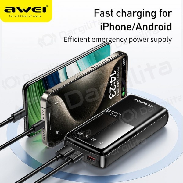 Išorinė baterija (Power Bank) Awei P13K 20000 mAh PD 20 W / QC 22.5 W, juoda