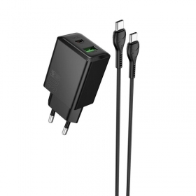 Telefono įkroviklis Hoco N71 30 W GaN USB-C + USB-A su USB-C laidu 1 m juodas