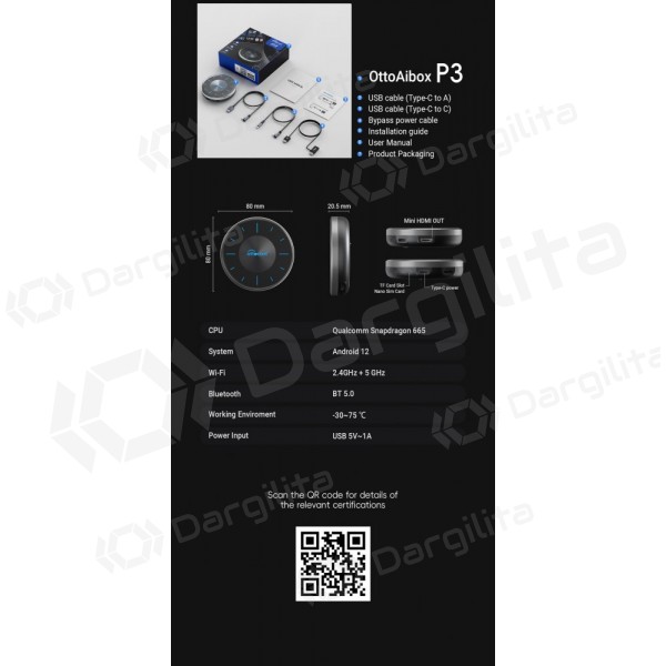 Belaidis CarPlay / Android Auto adapteris Ottocast OttoAiBox P3 PCS46 juodas