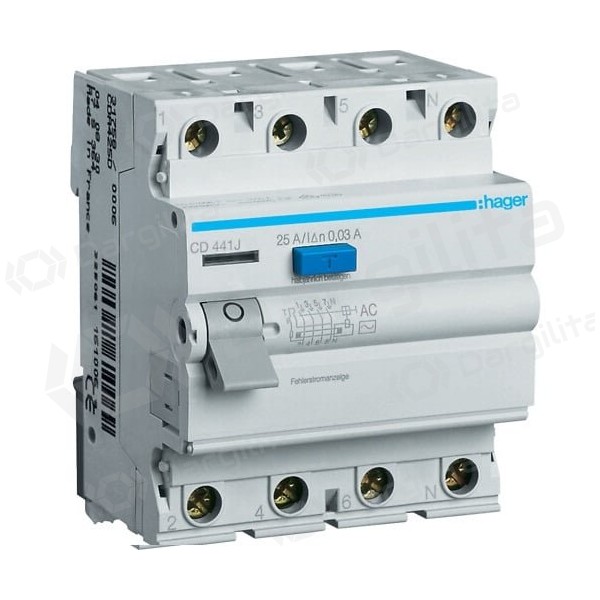 Srovės nuotekio relė Hager CD441J (AC, 40A, 4P, 30mA, 230V)
