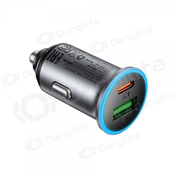 Automobilinis įkroviklis Acefast B15 65 W USB-C + USB-A PD QC pilkas