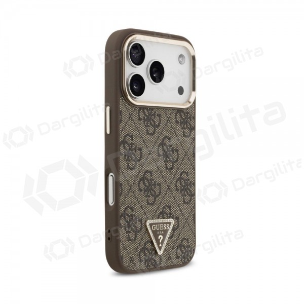 Apple iPhone 18 Pro Max dėklas "Guess PU Leather 4G Strass Triangle Logo Gold Frame MagSafe" (rudas)