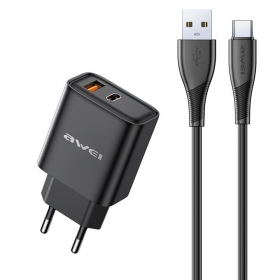 Telefono įkroviklis Awei PD81T-EU 22.5 W USB-C + USB-A PD juodas