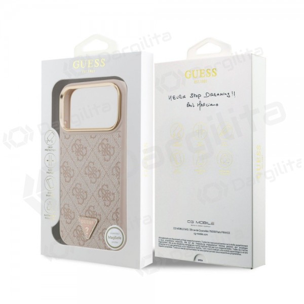 Apple iPhone 18 Pro dėklas "Guess PU Leather 4G Strass Triangle Logo Gold Frame MagSafe" (rožinis)