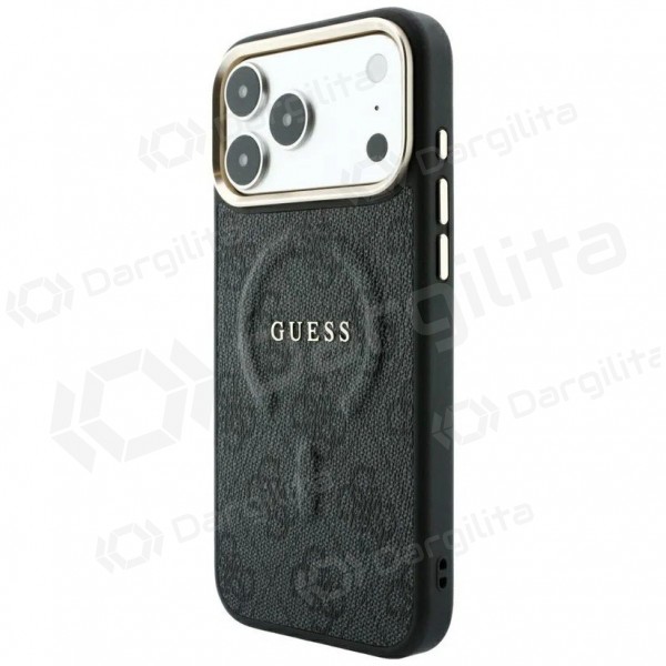Apple iPhone 18 Pro dėklas "Guess PU Leather 4G Gold Frame Embossed MagSafe" (juodas)