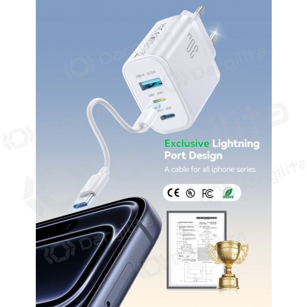 Telefono įkroviklis Joyroom JR-TG6 30 W USB-C + USB-A PD PPS GaN baltas
