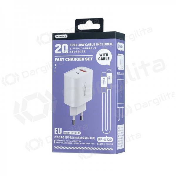 Telefono įkroviklis Remax RP-U120 20 W USB-C + USB-A su Lightning laidu 1 m baltas