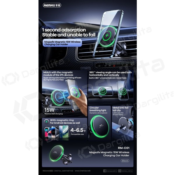 Automobilinis telefono laikiklis su belaidžiu įkrovimu Remax RM-C01 į ventiliacijos groteles MagSafe 15 W