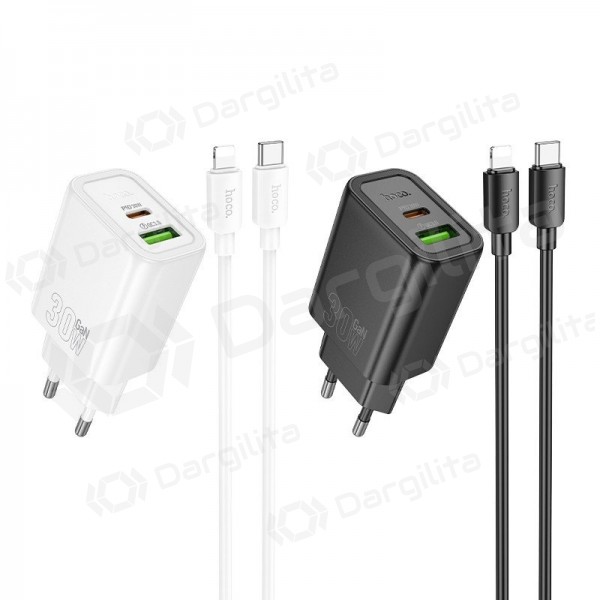 Telefono įkroviklis Hoco N63 30 W GaN USB-C + USB-A su Lightning laidu 1 m baltas