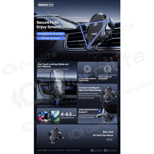 Automobilinis telefono laikiklis Remax RM-C02 į ventiliacijos groteles 4–6.5 col.