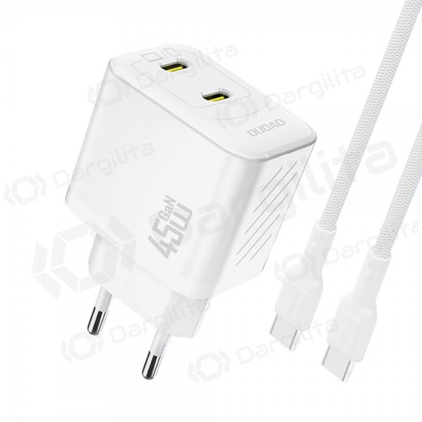 Telefono įkroviklis Dudao A28PC 45 W GaN 2x USB-C su USB-C laidu 1 m baltas