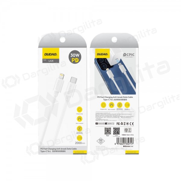 Lightning laidas Dudao L4X USB-C į Lightning 2 m 30 W baltas