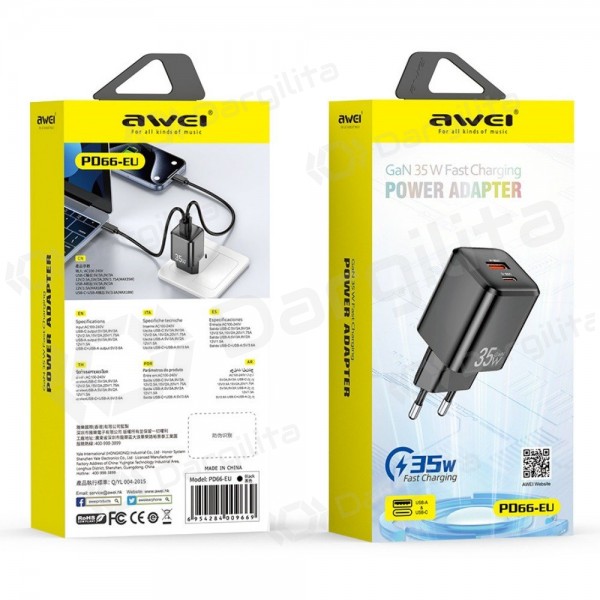 Telefono įkroviklis Awei PD66-EU 35 W USB-C + USB-A PD GaN baltas