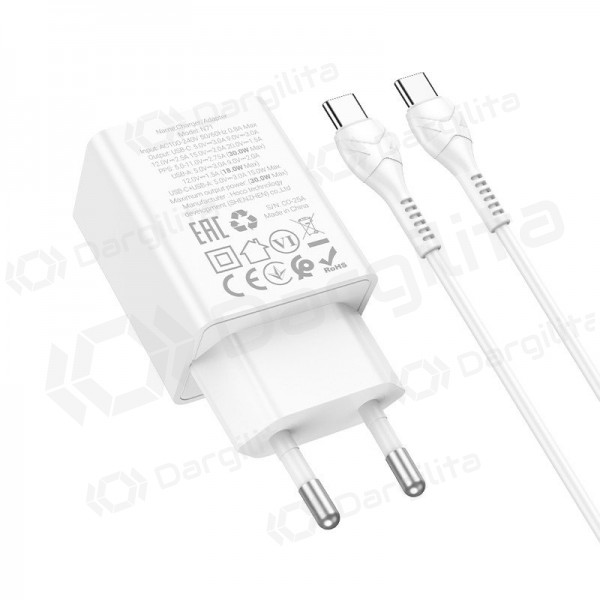 Telefono įkroviklis Hoco N71 30 W GaN USB-C + USB-A su USB-C laidu 1 m baltas