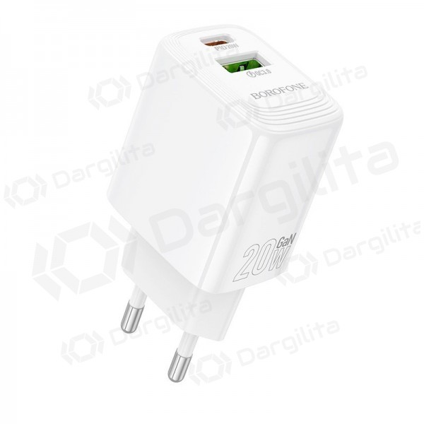 Telefono įkroviklis Borofone BN27 20 W USB-C + USB-A PD QC baltas