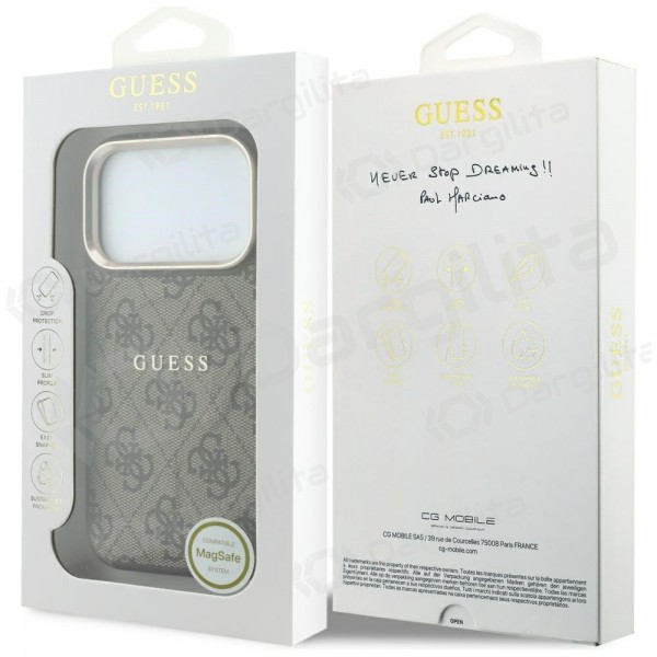 Apple iPhone 18 Pro Max dėklas "Guess PU Leather 4G Gold Frame Embossed MagSafe" (rudas)