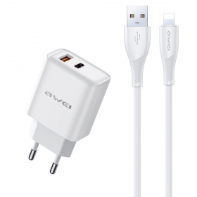 Telefono įkroviklis Awei PD81L-EU 22.5 W USB-C + USB-A su Lightning laidu 1 m baltas