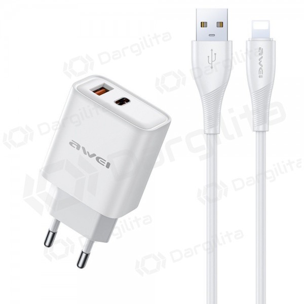 Telefono įkroviklis Awei PD81L-EU 22.5 W USB-C + USB-A su Lightning laidu 1 m baltas