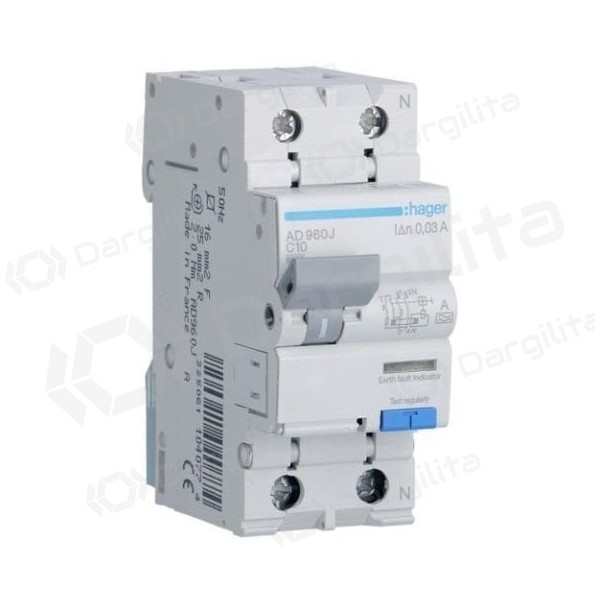Srovės nuotėkio relė su automatiniu jungikliu Hager AD960J (2P, 10A, A tipo, 30mA, 230V)