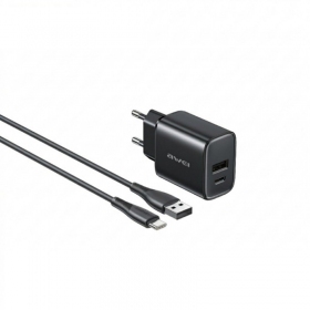 Telefono įkroviklis Awei PD85T-EU 22.5 W USB-C + USB-A su USB-C laidu 1 m juodas