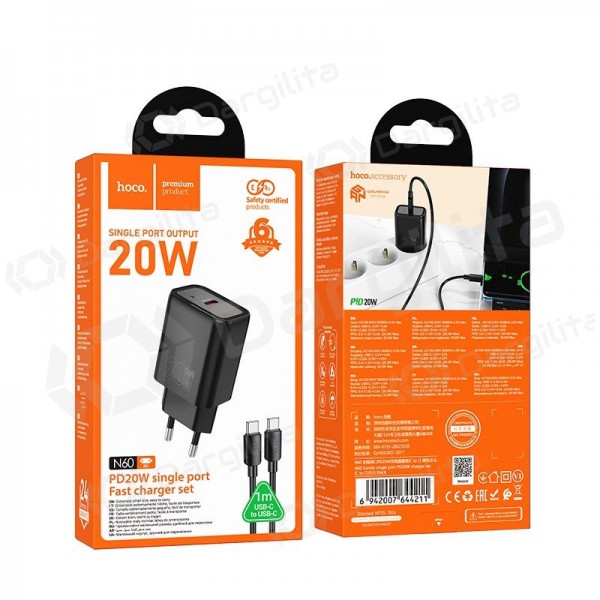 Telefono įkroviklis Hoco N60 GaN USB-C su USB-C laidu 1 m juodas