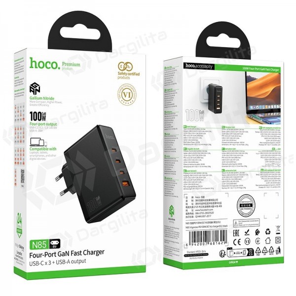 Telefono įkroviklis Hoco N85 100 W 3x USB-C + USB-A juodas