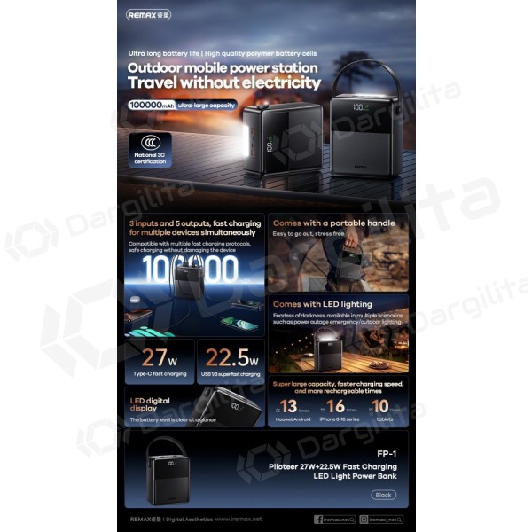 Išorinė baterija (Power Bank) Remax FP-1 100000 mAh 22.5 W, juoda