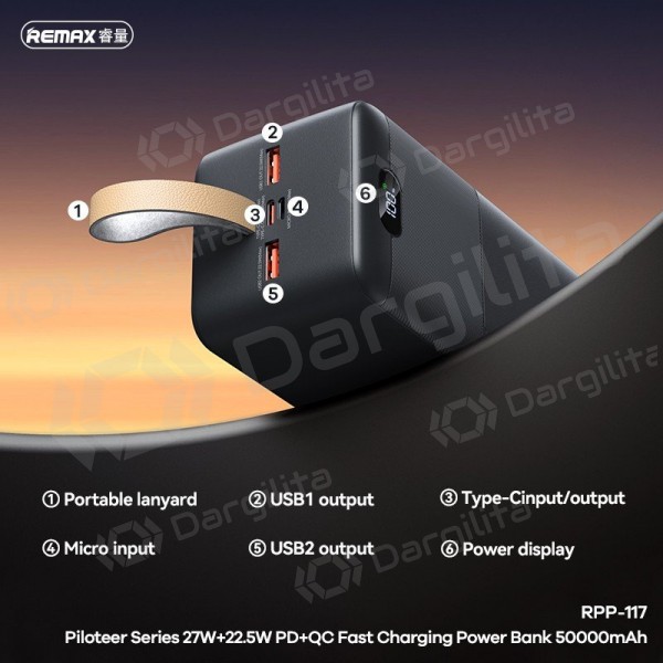 Išorinė baterija (Power Bank) Remax RPP-117 50000 mAh 22.5 W, juoda