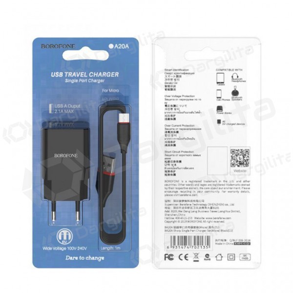 Įkroviklis BOROFONE BA20A Sharp USB + microUSB kabelis (5V 2.1A) (juodas)
