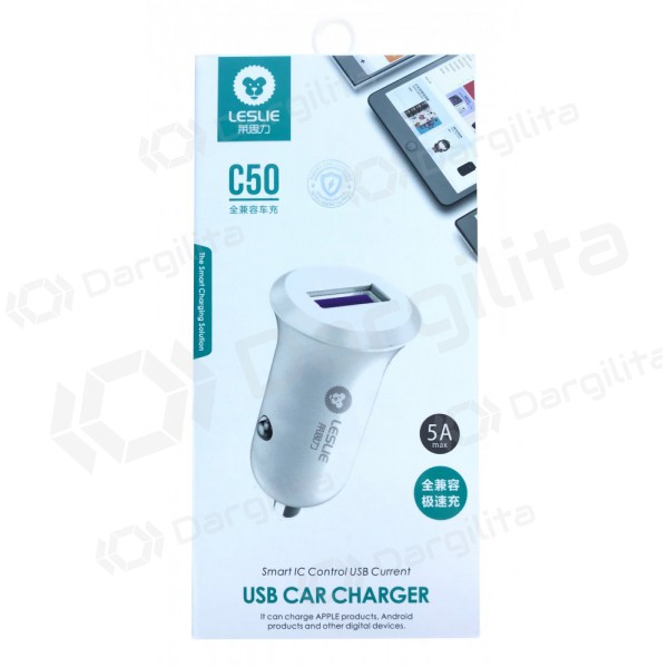 Įkroviklis automobilinis Leslie C50 USB 5A (baltas)