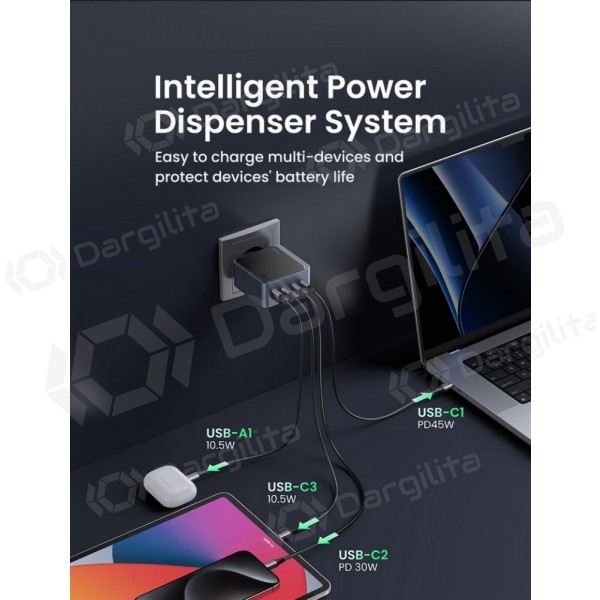 Tinklo įkroviklis Ugreen X565 100 W GaN 3x USB-C + USB-A pilkas