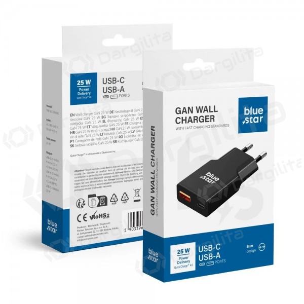 Telefono įkroviklis Blue Star Slim 25 W GaN USB-C + USB-A juodas