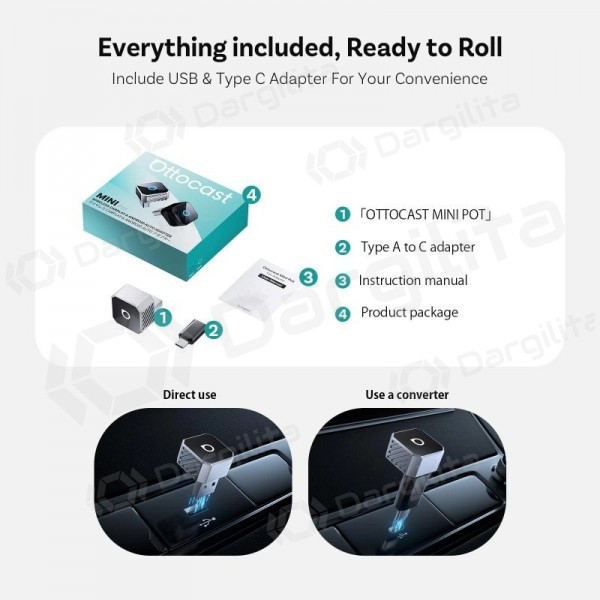 Belaidis CarPlay / Android Auto adapteris Ottocast Mini Cube CP88-T3 juodas