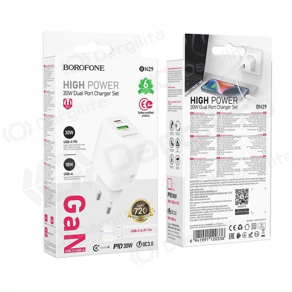 Telefono įkroviklis Borofone BN29 30 W USB-C + USB-A PD QC Lightning baltas