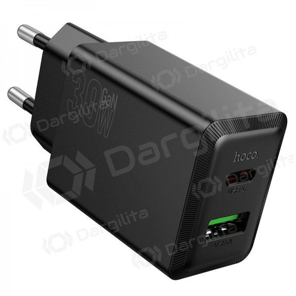 Telefono įkroviklis Hoco N71 30 W GaN USB-C + USB-A juodas