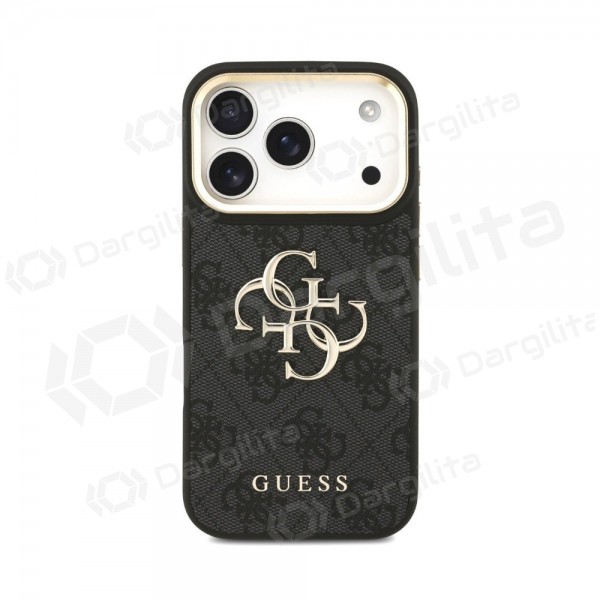 Apple iPhone 18 Pro dėklas "Guess PU Leather 4G Metal Logo Gold Frame" (juodas)
