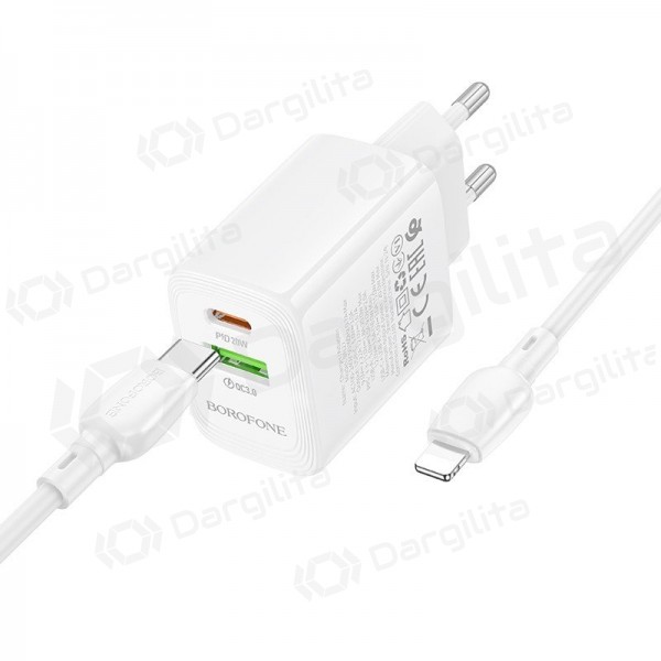 Telefono įkroviklis Borofone BN27 20 W USB-C + USB-A su Lightning laidu 1 m baltas