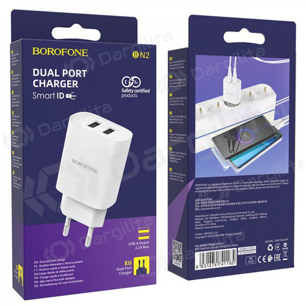 Įkroviklis Borofone BN2 2xUSB 2.1A (baltas)