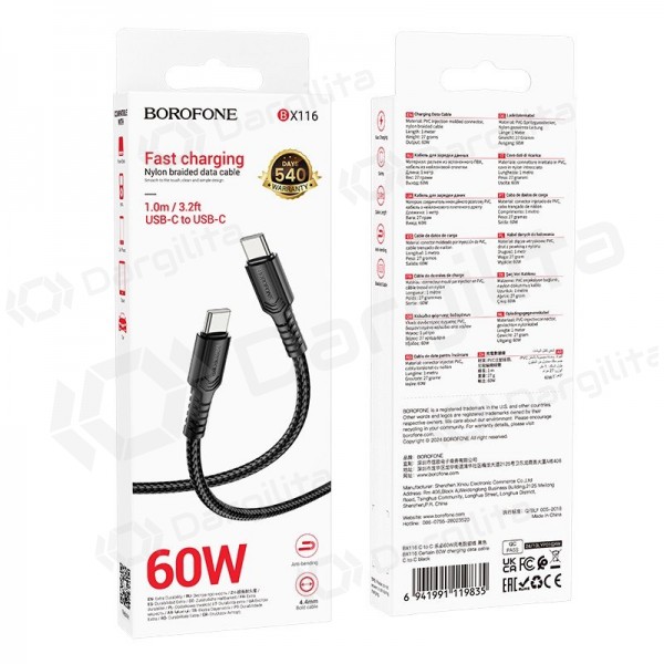 USB-C laidas Borofone BX116 USB-C į USB-C 1 m 60 W juodas