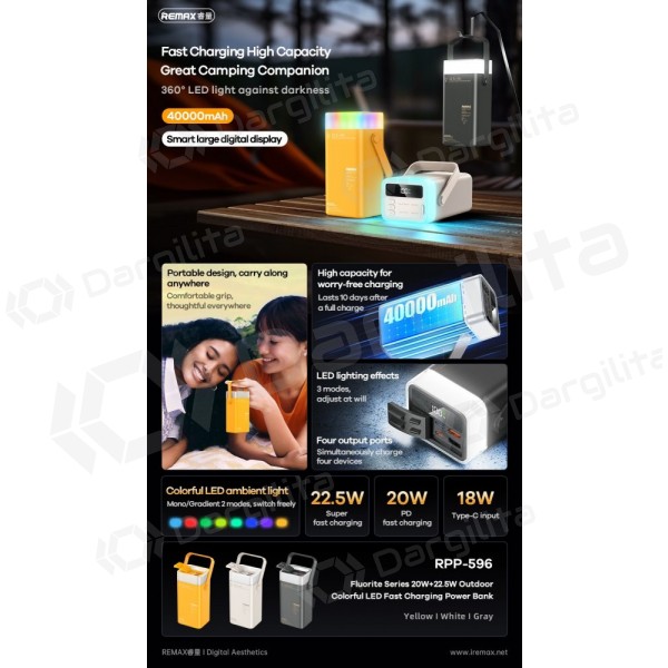 Išorinė baterija (Power Bank) Remax RPP-596 40000 mAh 22.5 W, pilka