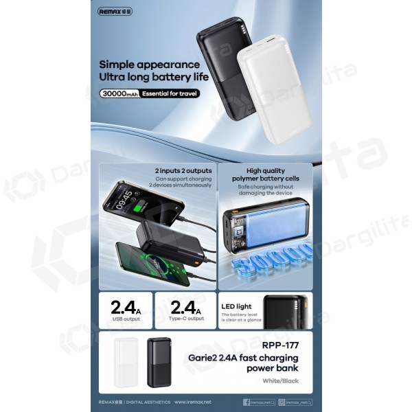 Išorinė baterija (Power Bank) Remax RPP-177 30000 mAh 12 W, juoda