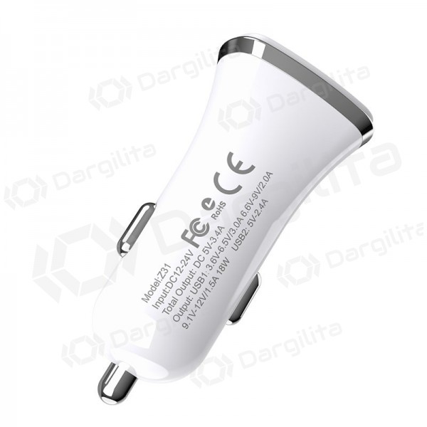 Įkroviklis automobilinis Hoco Z31 Quick Charge 3.0 (3.4A) x 2 USB (baltas)